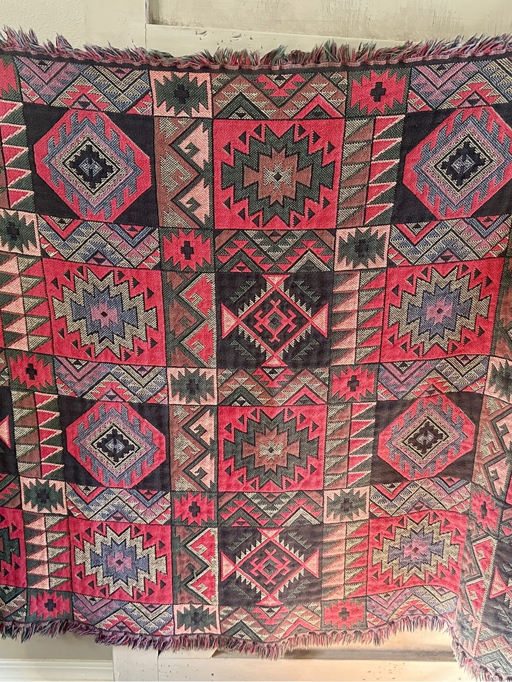 Vintage Goodwin Weavers Southwestern Geometric Cotton Throw Blanket Fringe USA